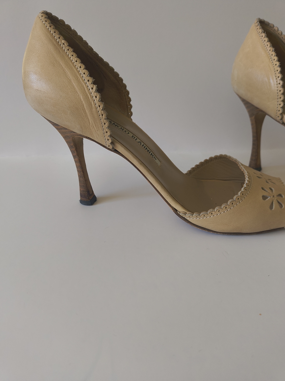 Vintage Manolo Blahnik Tan Leather Open-Toe D'Orsay Heels - Picture 2 of 5